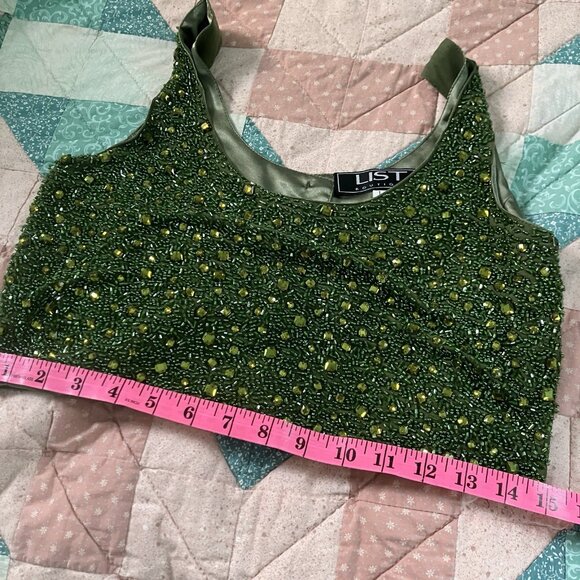 Y2K List Beaded Floral Tank Top Womens Green Vintage Italy Cropped 2000s - Picture 10 of 10